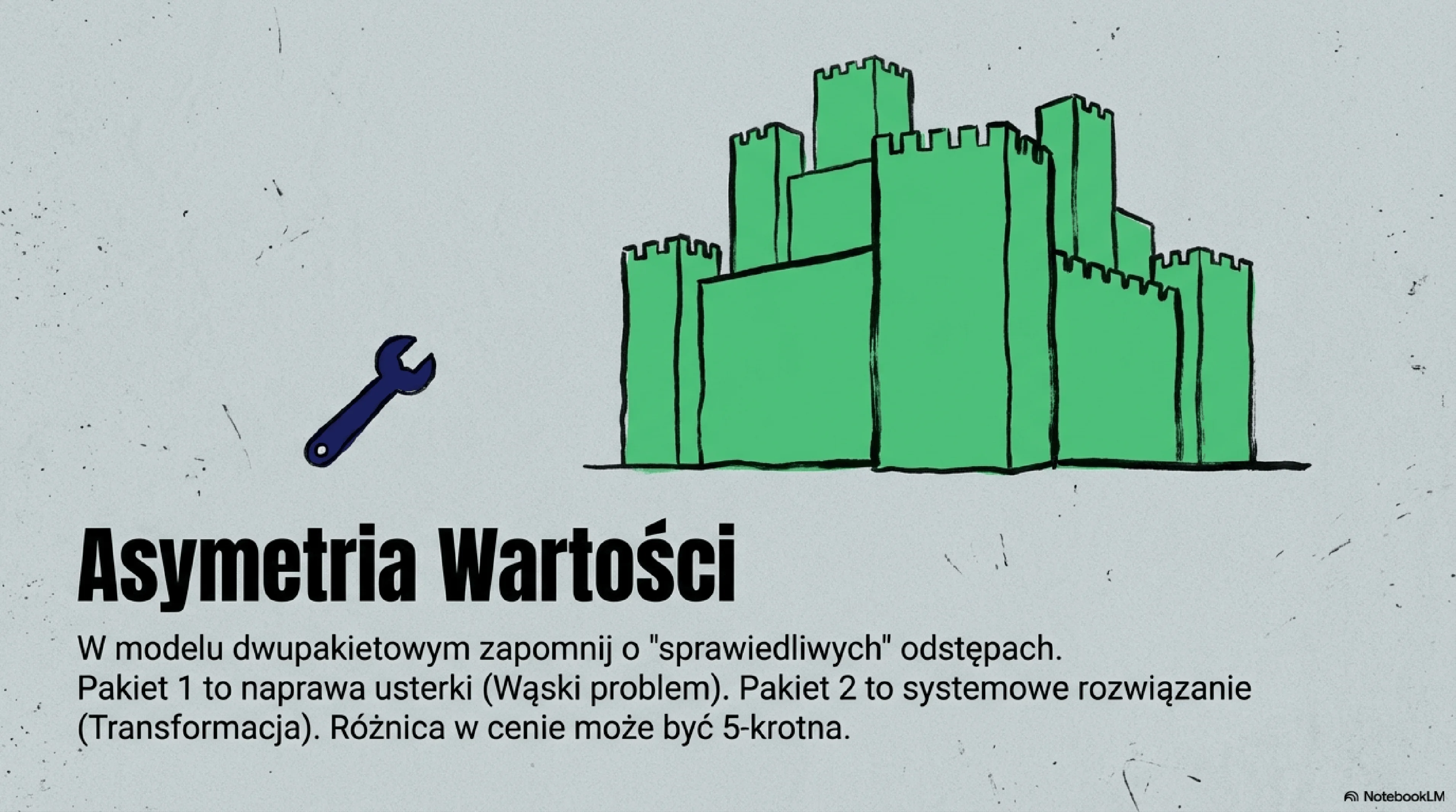 Wizualizacja "Asymetria Wartości" w modelu dwupakietowym: z lewej strony Pakiet 1 rozwiązujący wąski problem (np. naprawa strony), z prawej strony Pakiet 2 rozwiązujący problem systemowy (budowa procesu pozyskiwania klientów), z podkreśleniem że różnica ceny 3x-5x jest uzasadniona gdy różnica wartości biznesowej też wynosi 3x-5x