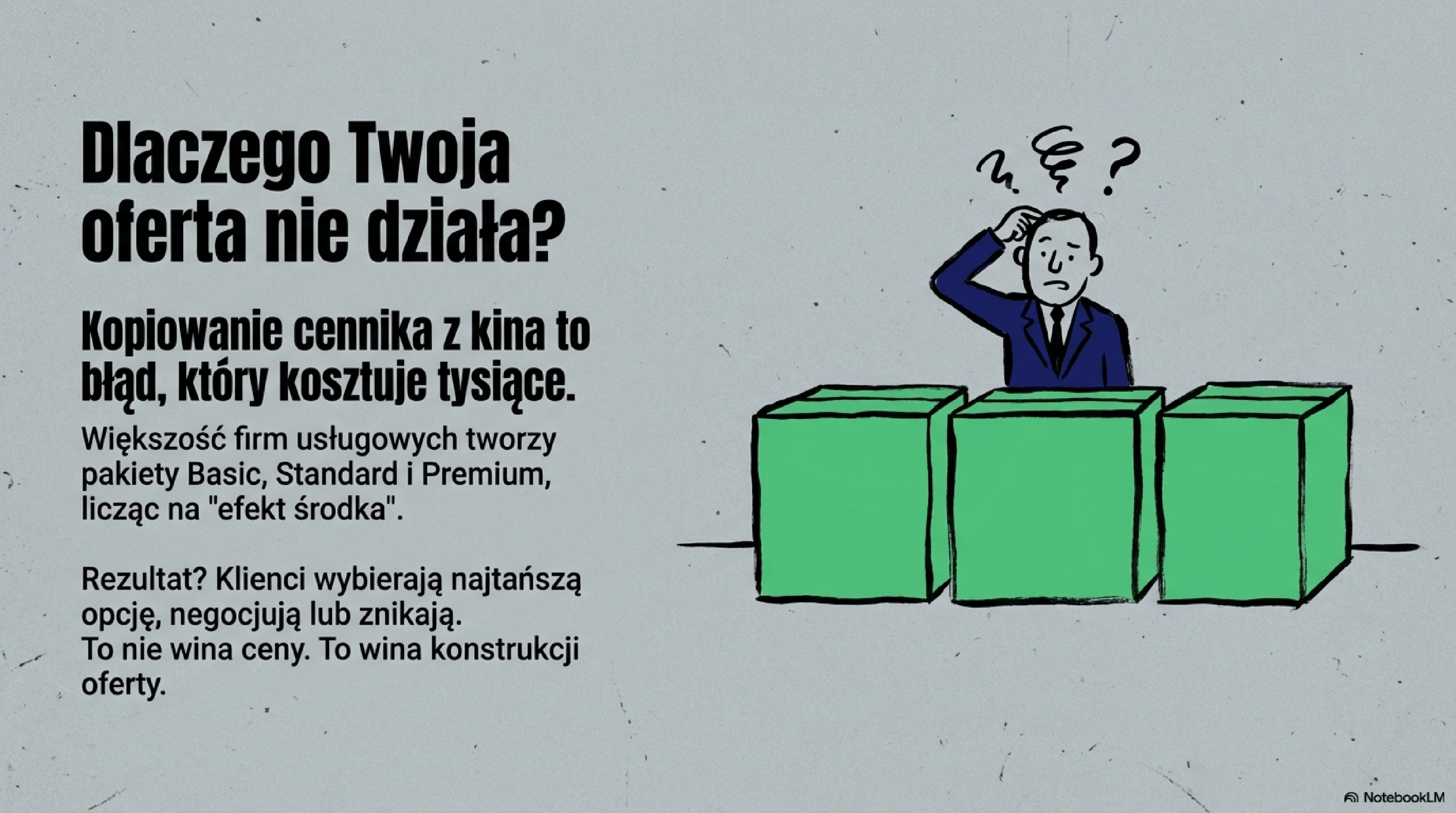 Ilustracja przedstawiająca problem oferty Basic/Standard/Premium: postać stojąca przed trzema 3D kostkami reprezentującymi pakiety usługi, z pytaniem "Dlaczego Twoja oferta nie działa?" - wizualizacja typowego błędu w trzypakietowych ofertach usługowych