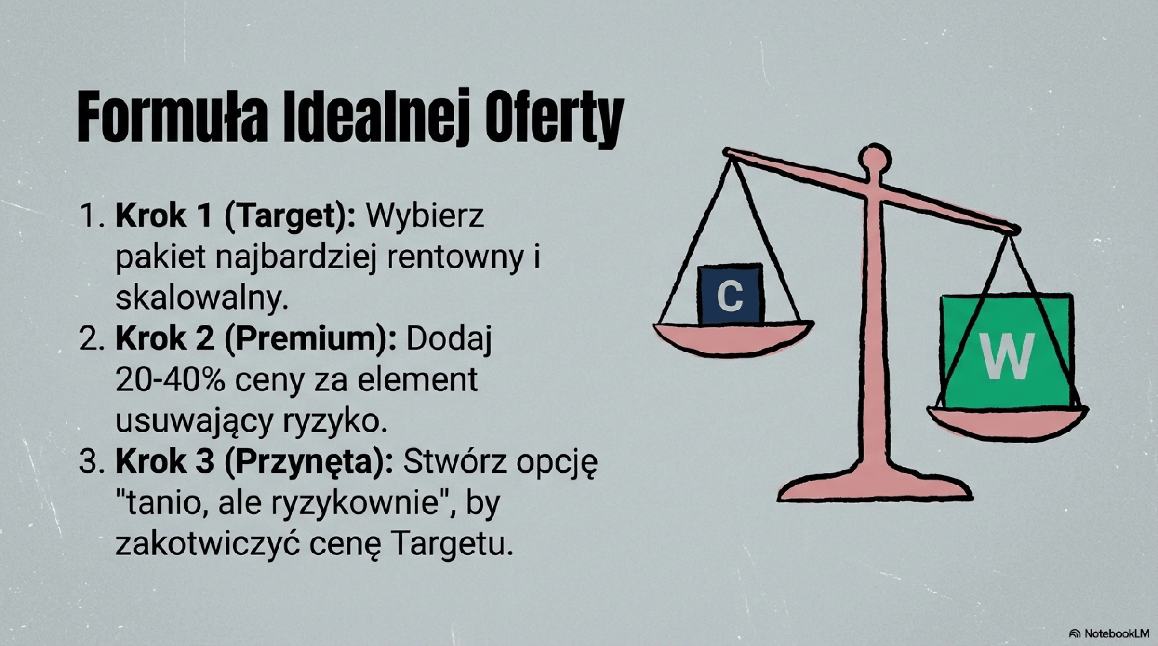Diagram "Formuła Idealnej Oferty" z trzema pakietami: Konfiguracja Podstawowa (2400 zł - tylko projekt i szablony), Wdrożenie Pod Klucz (3200 zł - pełne wdrożenie z testami), Partner Wzrostu (4200 zł - wszystko z optymalizacją przez 60 dni), z podkreśleniem mechanizmu przynęty: 800 zł więcej za pełne wdrożenie sprawia że środkowy pakiet jest oczywistym wyborem