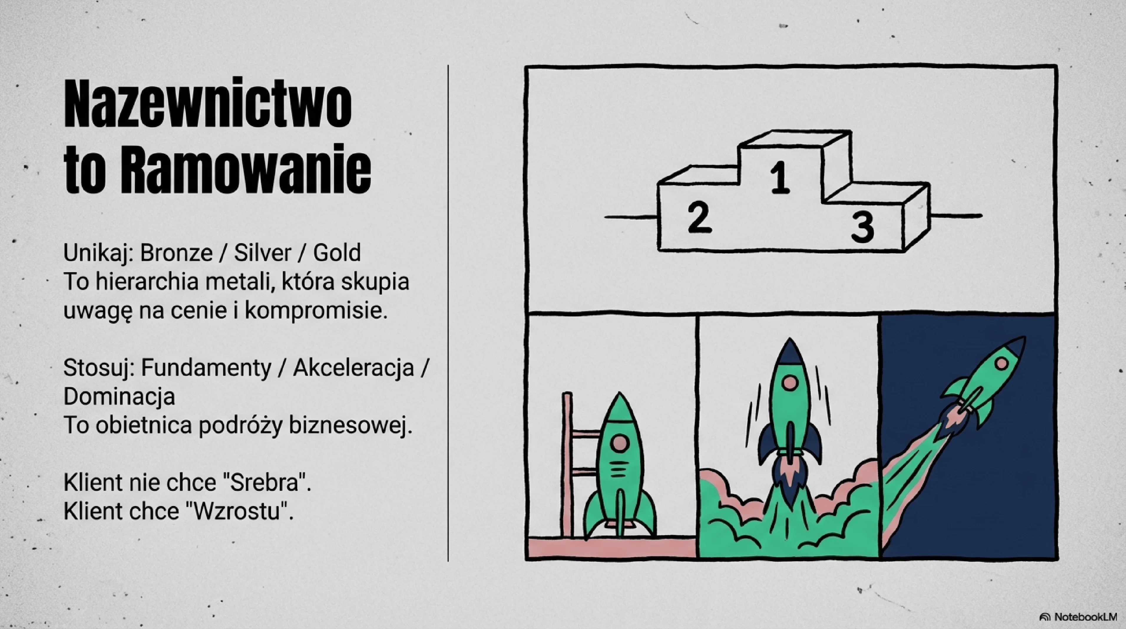 Grafika porównawcza "Nazewnictwo to Ramowanie" pokazująca dwa podejścia: po lewej Bronze/Silver/Gold komunikujące hierarchię materialną (68% wybiera najniższy), po prawej Fundamenty/Akceleracja/Dominacja komunikujące progresję biznesową (44% najniższy, 20% najdroższy) - dowód że nazwy pakietów wpływają na decyzje zakupowe