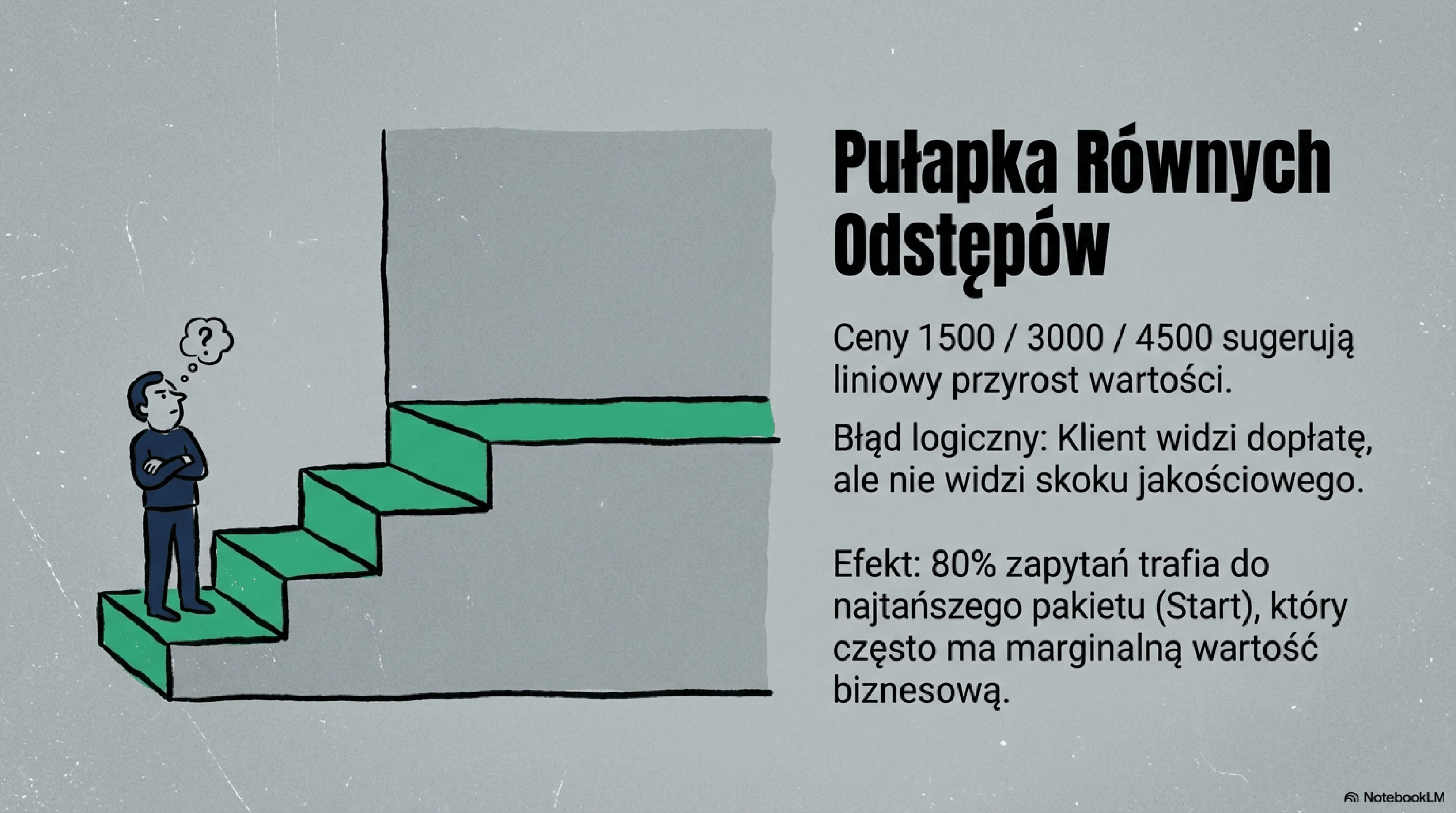 Infografika tytułowana "Pułapka Równych Odstępów" pokazująca ofertę audytu SEO z trzema pakietami (Start 1500 zł, Pro 3000 zł, Premium 4500 zł) z równymi odstępami cenowymi, z podkreśleniem problemu: 80% klientów wybiera najtańszy pakiet, co sabotuje sprzedaż wartościowych usług